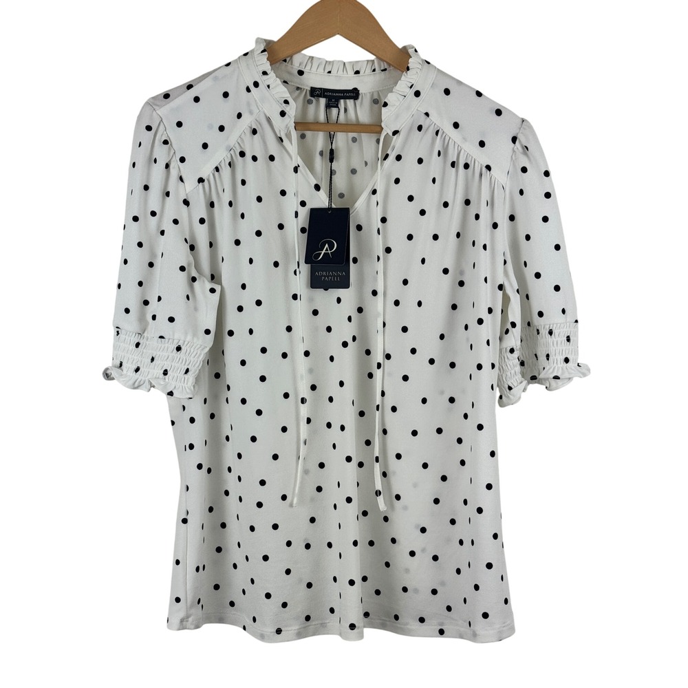 Adrianna Papell Polka Dot Puff Sleeve Blouse Coquette French Girl Officecore NWT